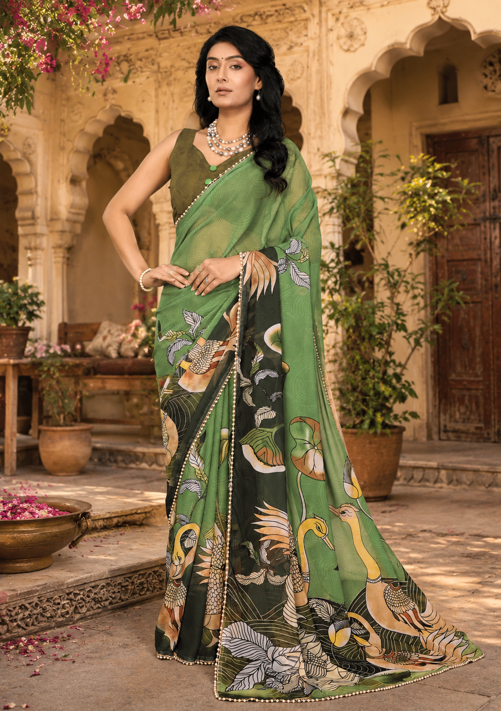 Georgette Printed Moti Lace Border Saree With Unstitched Blouse(Green)