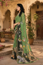 Georgette Printed Moti Lace Border Saree With Unstitched Blouse(Green)
