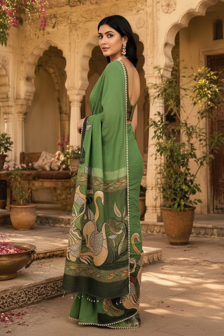 Georgette Printed Moti Lace Border Saree With Unstitched Blouse(Green)