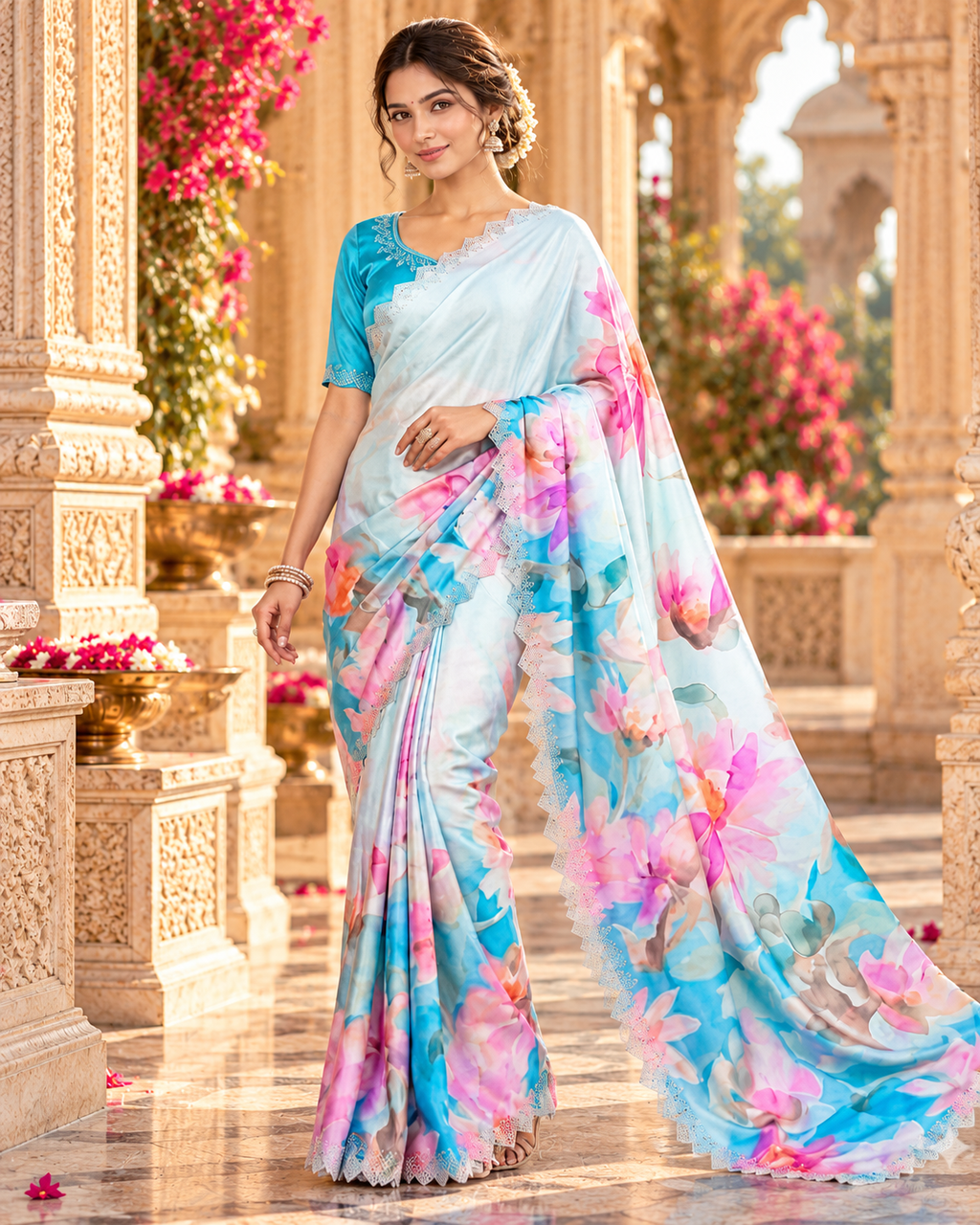 Pure Maheshwari Silk Saree With Unstitched Blouse(Blue)