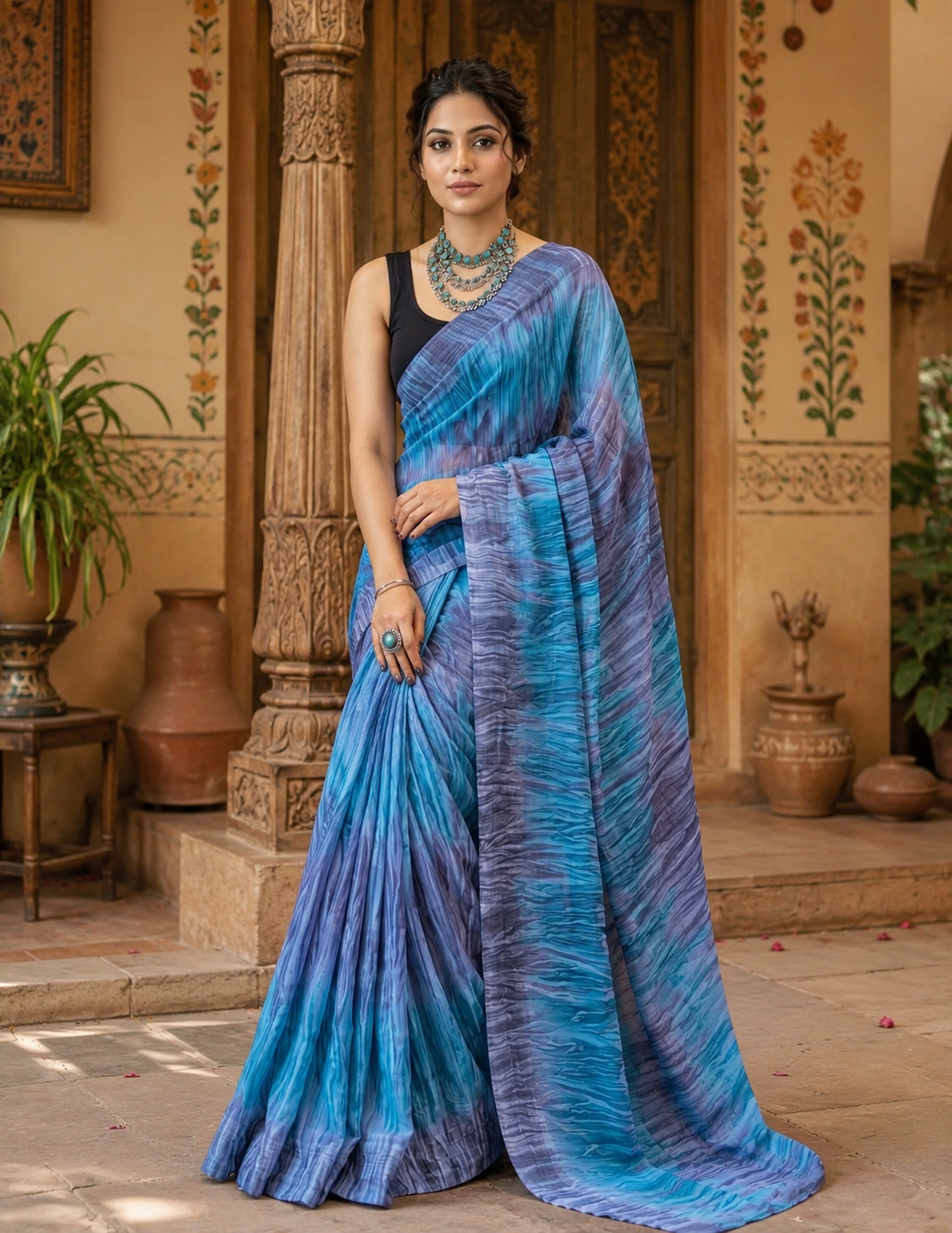 Soft Georgette Ready To Wear Saree With Unstitched Blouse(Blue)