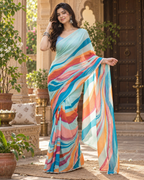 Georgette Digital Print Saree With Unstitched Blouse(Sky Blue)