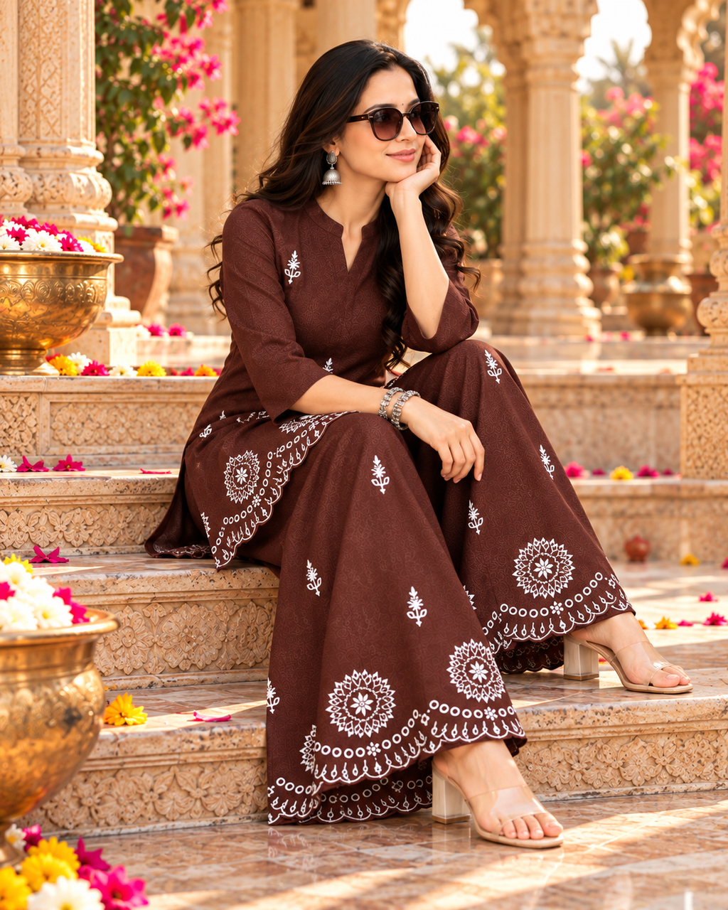 Pure Cotton Embroidery Work Co-Ord Set(Brown)