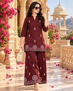 Pure Cotton Embroidery Work Co-Ord Set(Maroon)