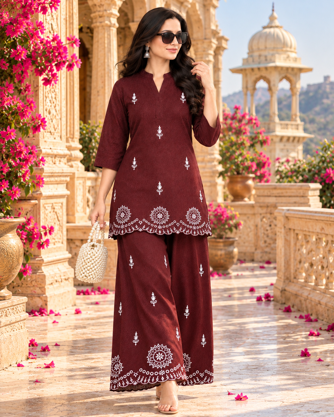 Pure Cotton Embroidery Work Co-Ord Set(Maroon)