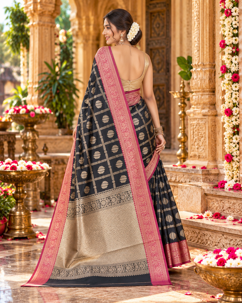 Banarasi Silk Saree Golder Zari Border With Unstitched Blouse(Black)