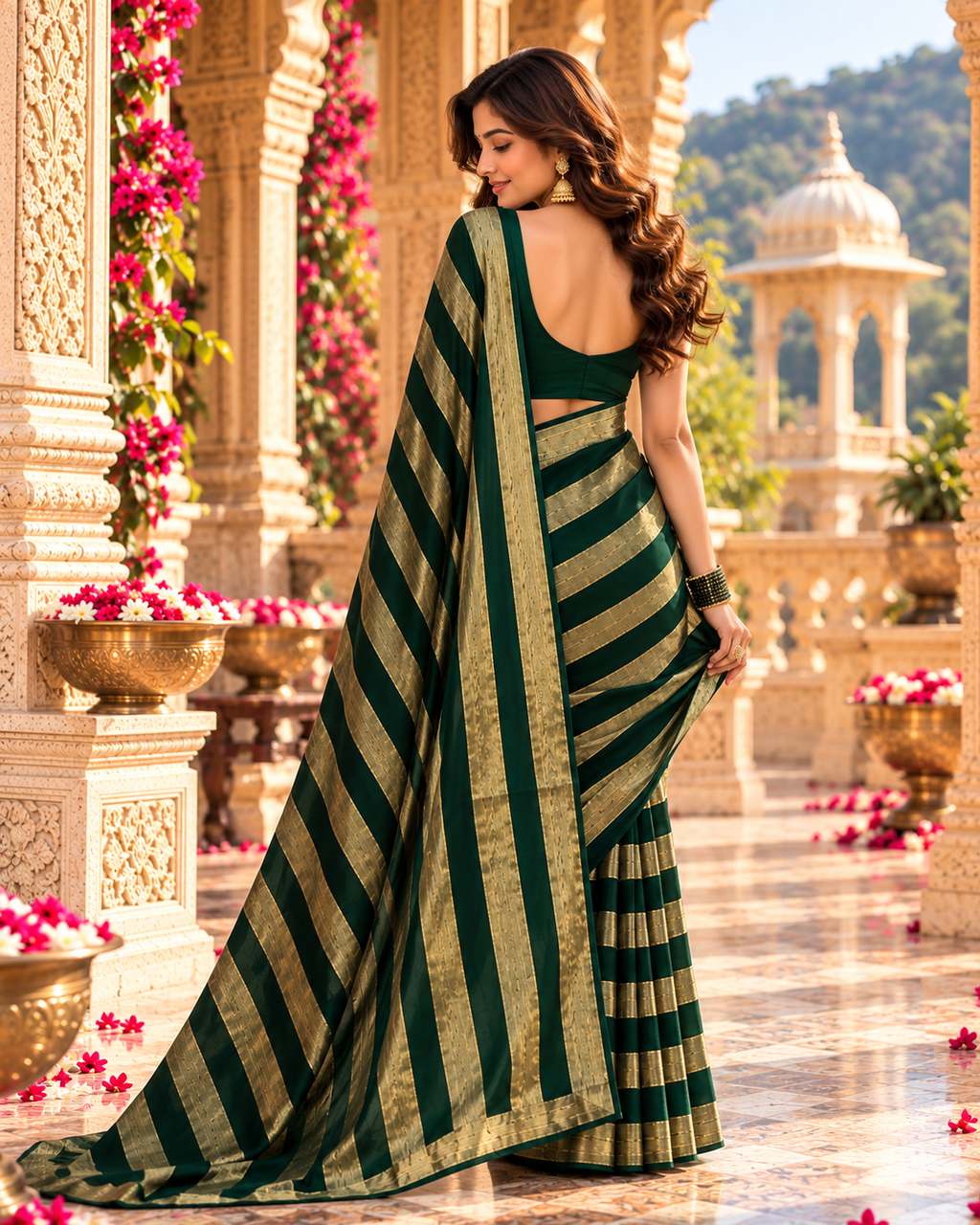 Satin Silk Saree With Unstitched Blouse(Green)