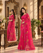 Soft Crush Silk Thread Flower Embroidery Work Saree With Unstitched  Blouse (Red)