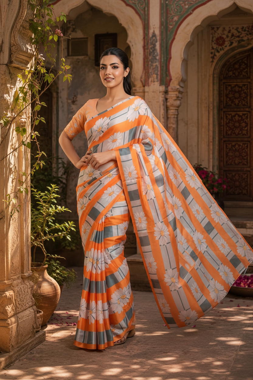 Satin Silk Floral Printed Saree With Unstitched Blouse (Orange)