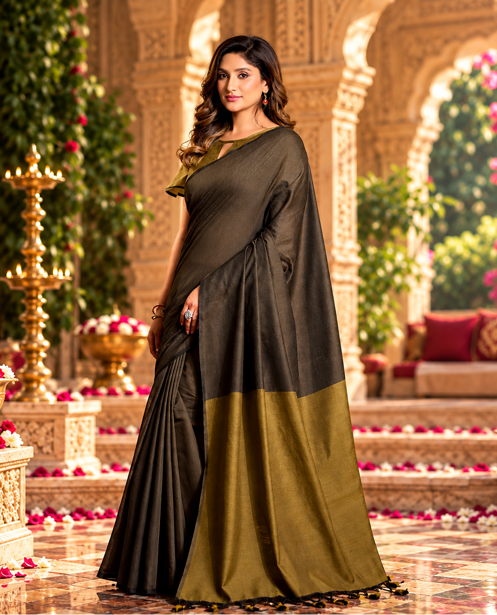 Mulmul Cotton Saree With Unstitched Blouse(Brown)