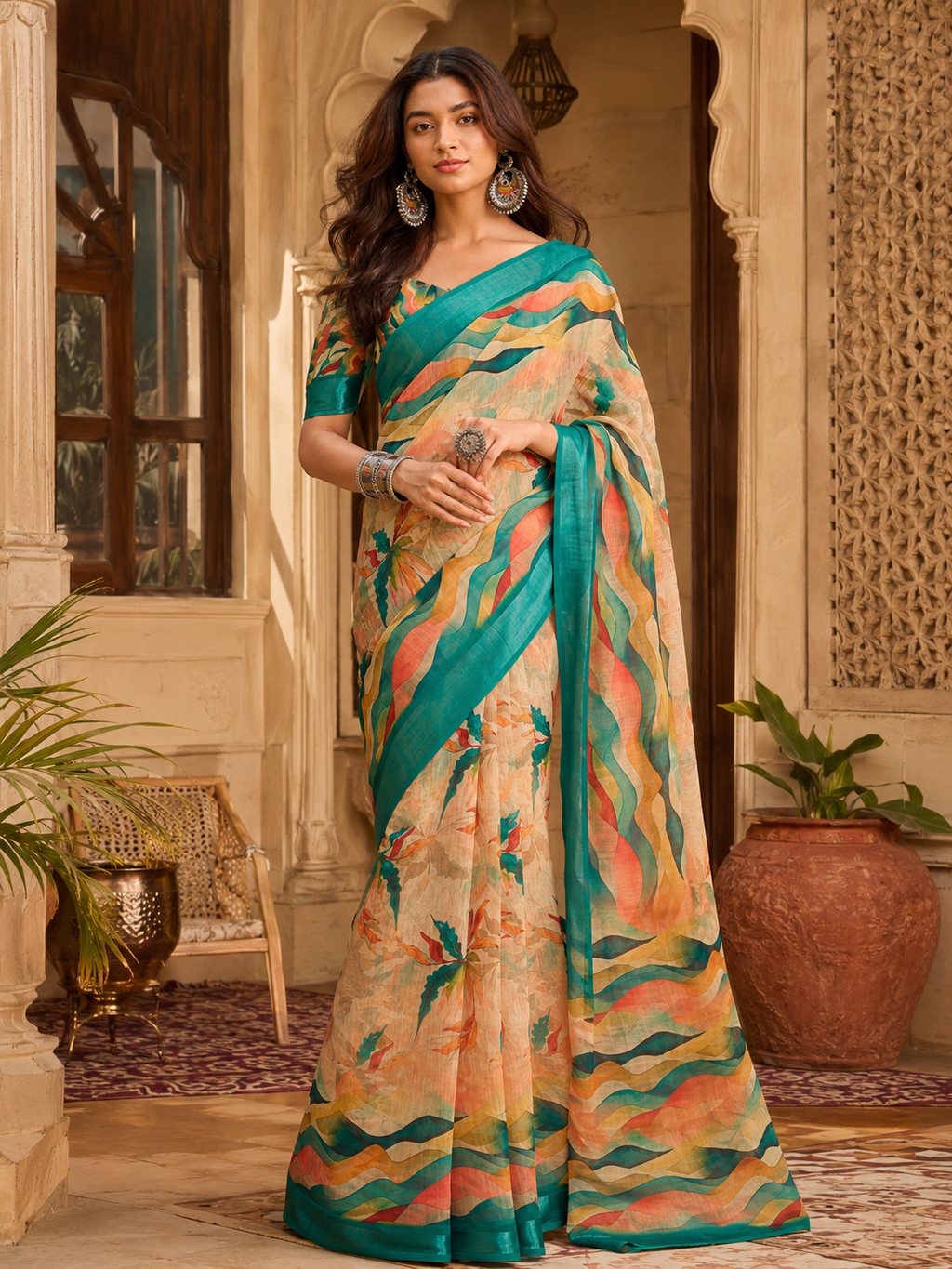 Linen Floral-Printed Saree With Unstitched Blouse (Mustard)