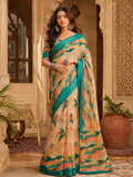 Linen Floral-Printed Saree With Unstitched Blouse (Mustard)