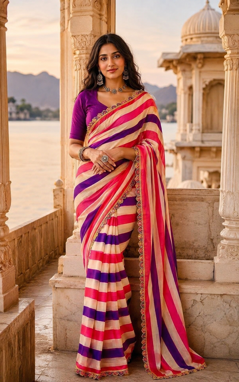 Soft Chinon Lehriye  Silk Saree With Unstitched Blouse(Purple)