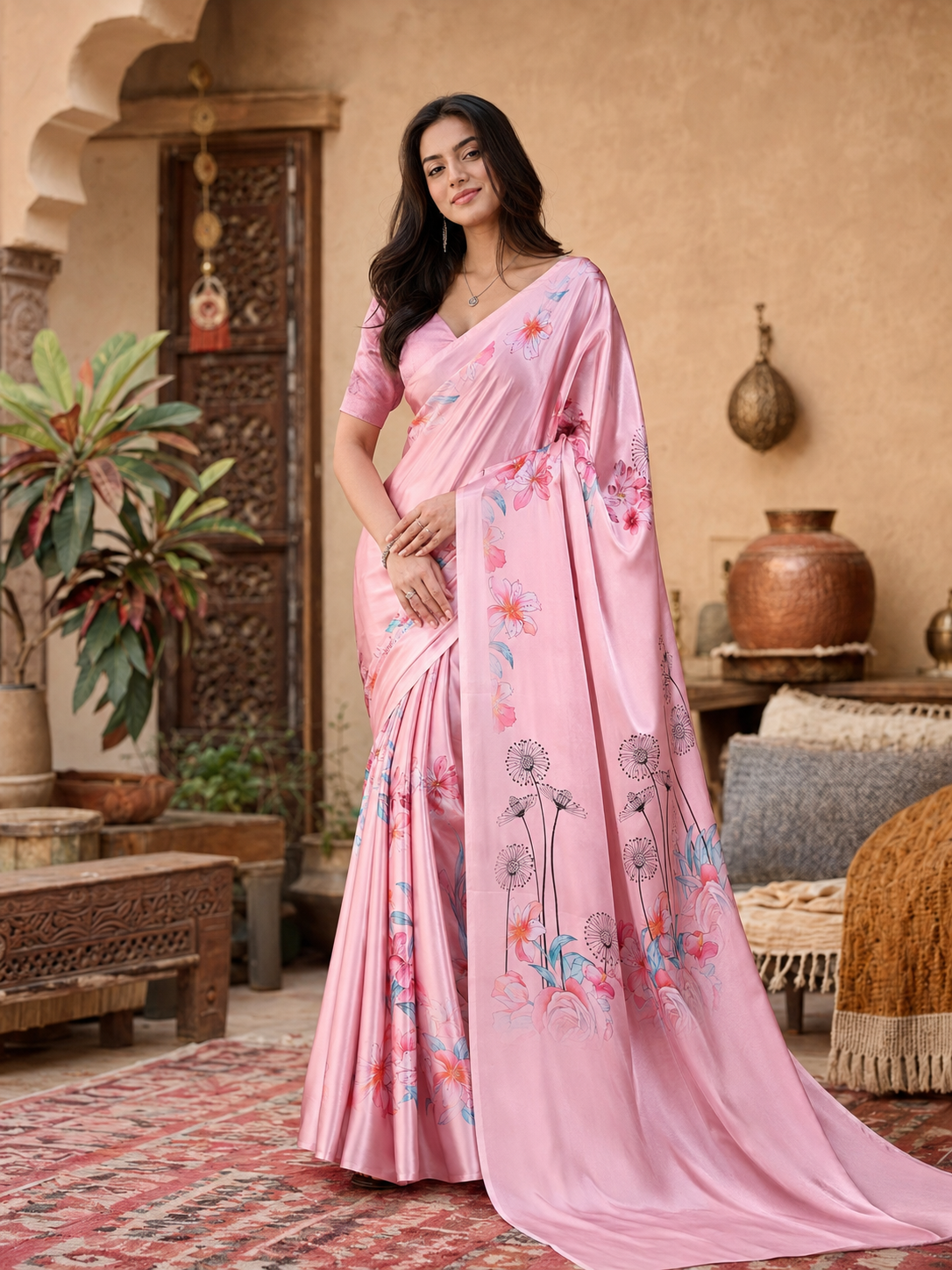 Satin Silk Floral Printed Saree With Unstitched Blouse(Pink)