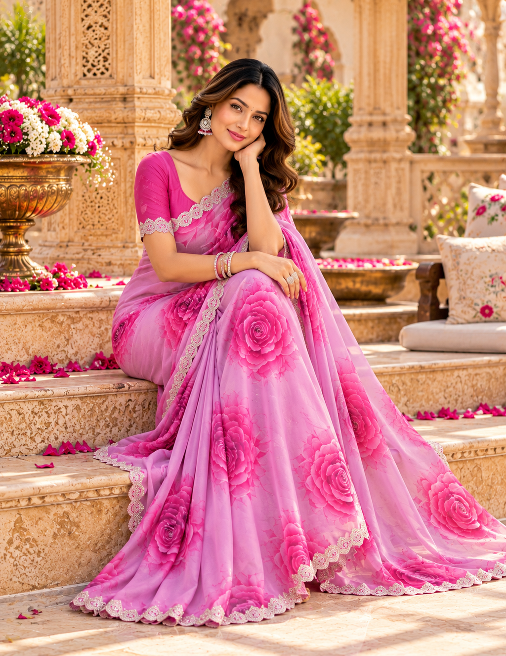Maheshwari Silk Diamond Cut Work Saree With Unstitched Blouse(Pink)