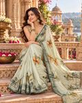 Pure Silk Printed Saree with Unstitched Blouse(Silver)