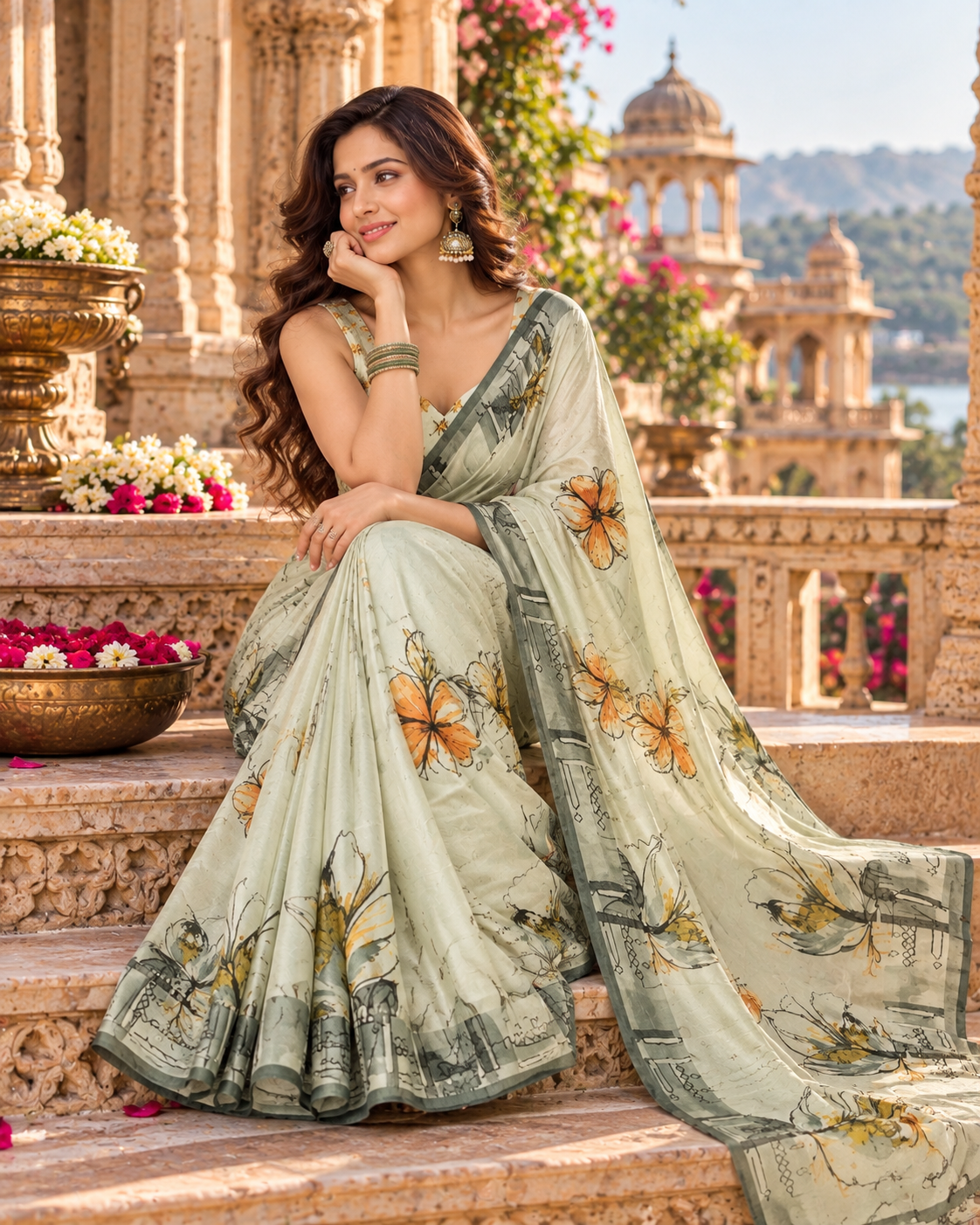 Pure Silk Printed Saree with Unstitched Blouse(Silver)