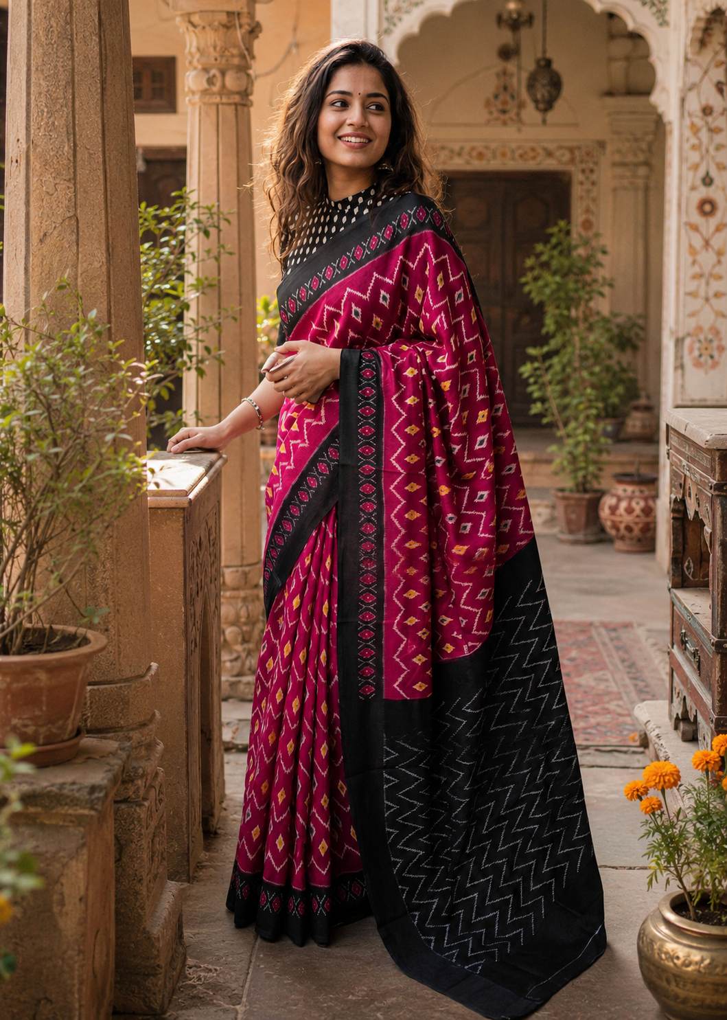 Mulmul Cotton Designer Saree With Unstitched Blouse(Red)