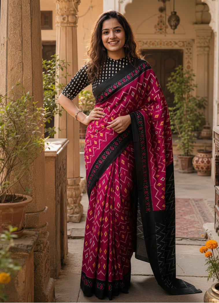 Mulmul Cotton Designer Saree With Unstitched Blouse(Red)
