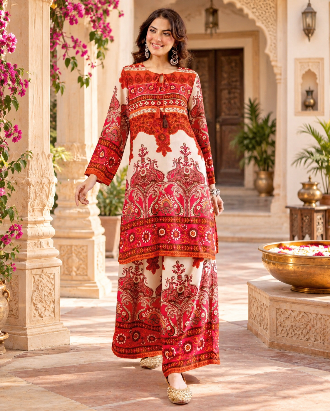 Premium Festive Rayon Kurti Palazzo Set(Red)
