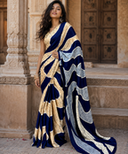 Premium Satin Silk Wave Print Saree With Unstitched Blouse(Blue)