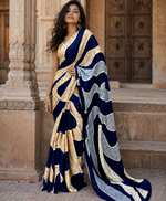 Load image into Gallery viewer, Premium Satin Silk Wave Print Saree With Unstitched Blouse(Blue)
