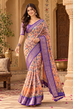Soft Litchi Silk Digital Print Saree With Unstitched Blouse(Peach)