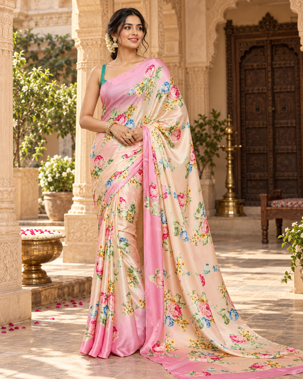 Satin Silk Floral Print Saree With Unstitched Blouse(Cream)