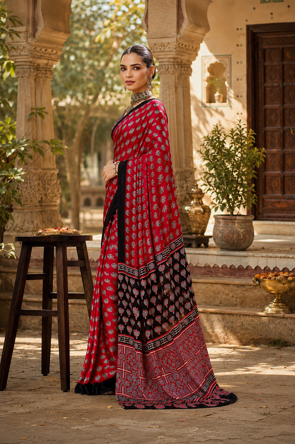 Satin Ajrakh Printed Saree With Unstitched Blouse(Red)