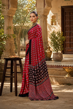 Satin Ajrakh Printed Saree With Unstitched Blouse(Red)
