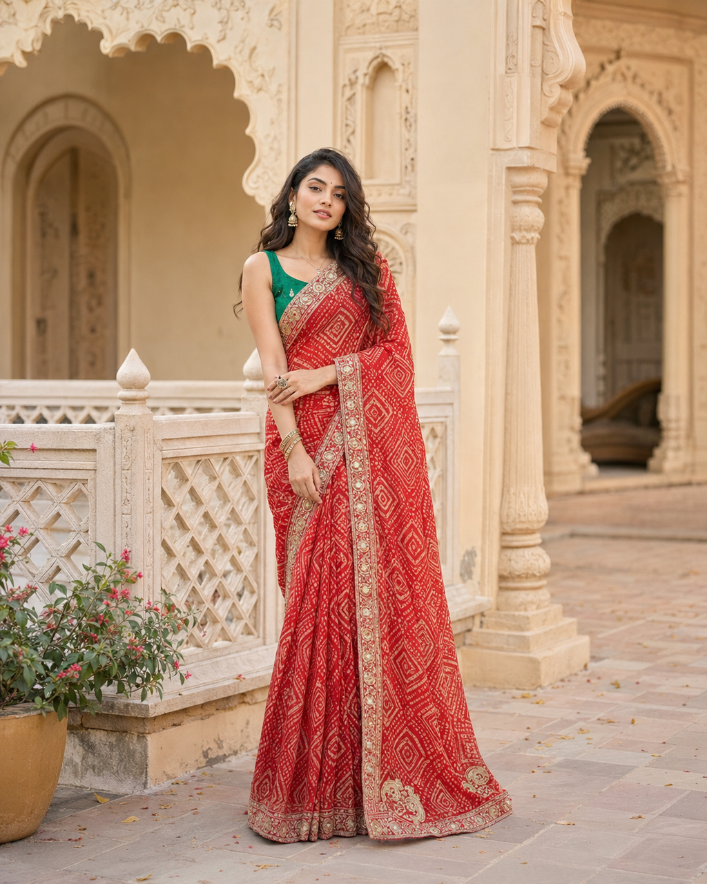 Georgette Bandhani Print Saree With Unstitched Blouse(Pink)