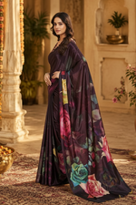 Load image into Gallery viewer, Premium Crepe Silk Floral Printed Saree With Unstitched Blouse(Brown)
