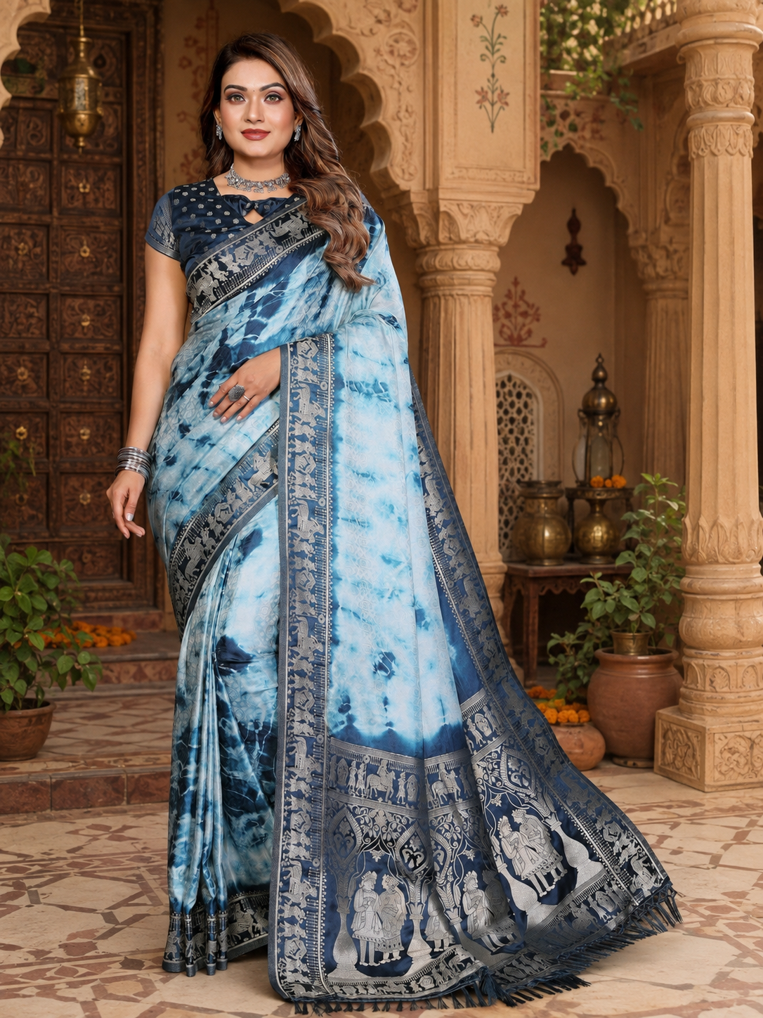 Satin Silk Bandhani Printed Saree With Unstitched Blouse(Blue)