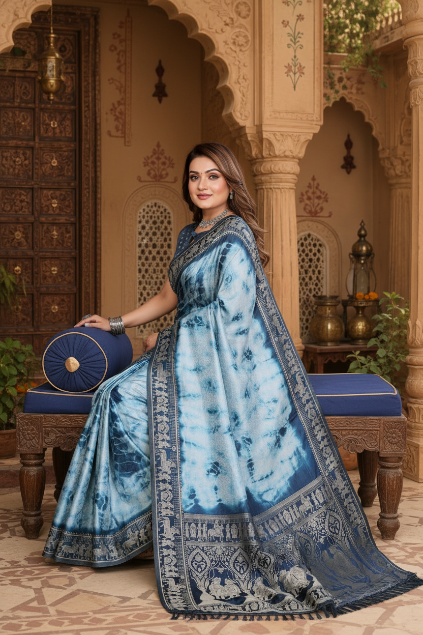 Satin Silk Bandhani Printed Saree With Unstitched Blouse(Blue)