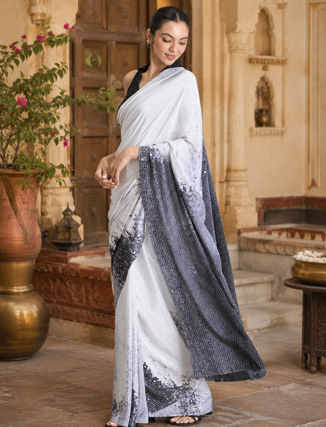 Original Japan Satin Printed Saree With unstitched Blouse(Grey)