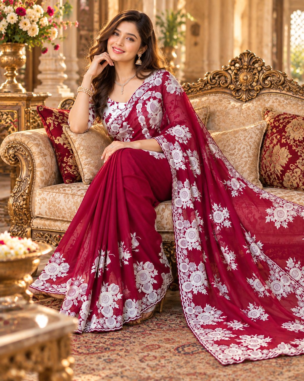 Organza Silk Thread Embroidery Saree With Unstitched Blouse (Maroon)