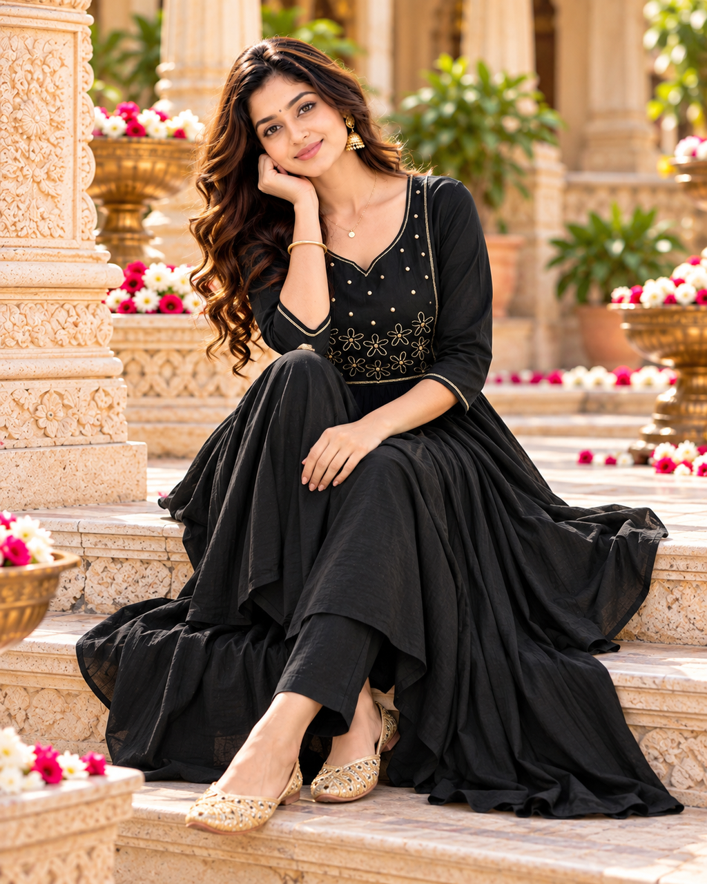 Chanderi Cotton Kurti Pant Set With Dupatta(Black)