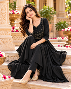 Chanderi Cotton Kurti Pant Set With Dupatta(Black)