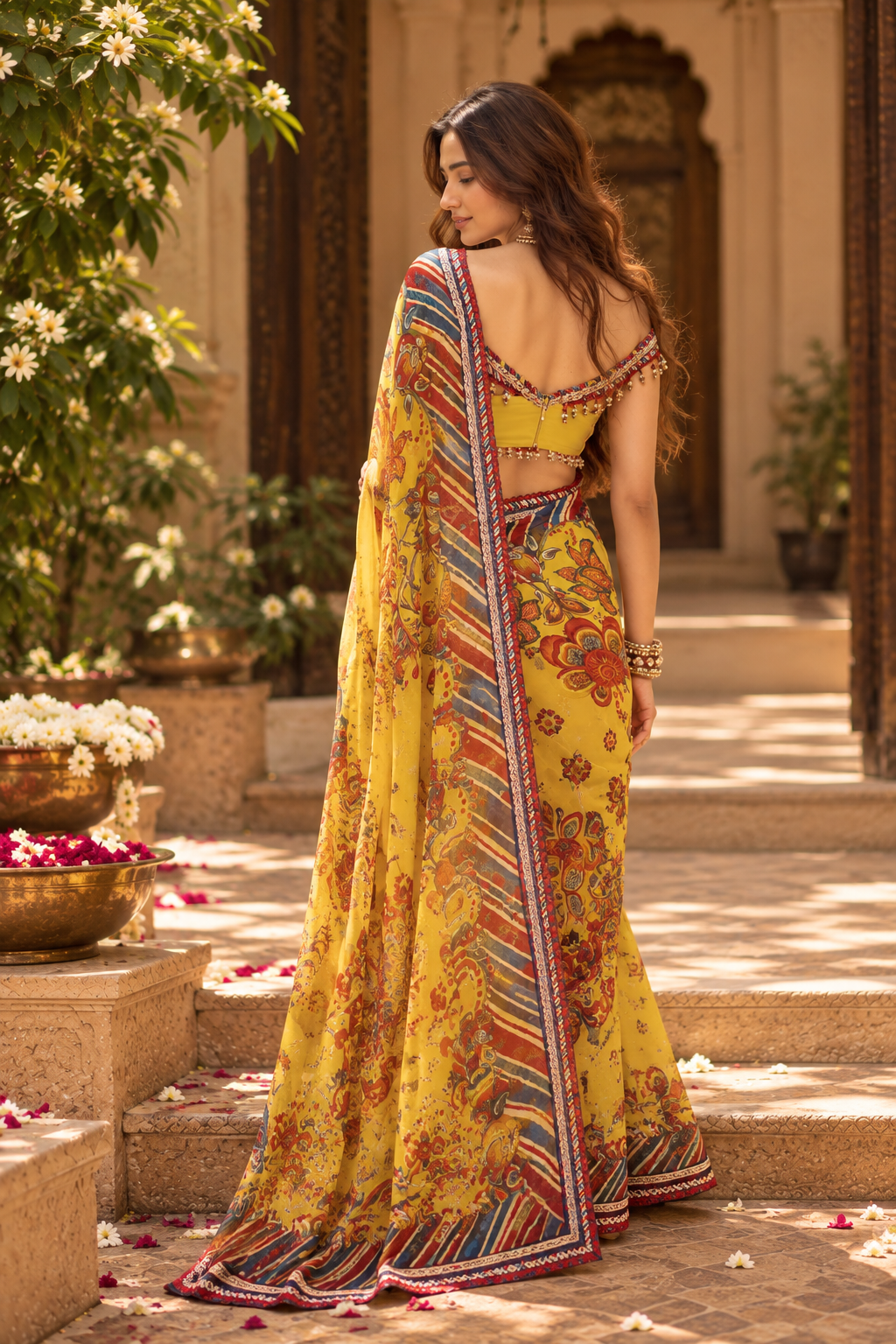 Premium Georgette Lace Border Saree With Unstitched Blouse(Yellow)