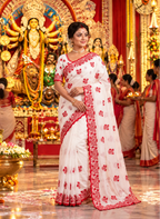 Crunch Silk Sequin work Saree With Unstitched Blouse(White)