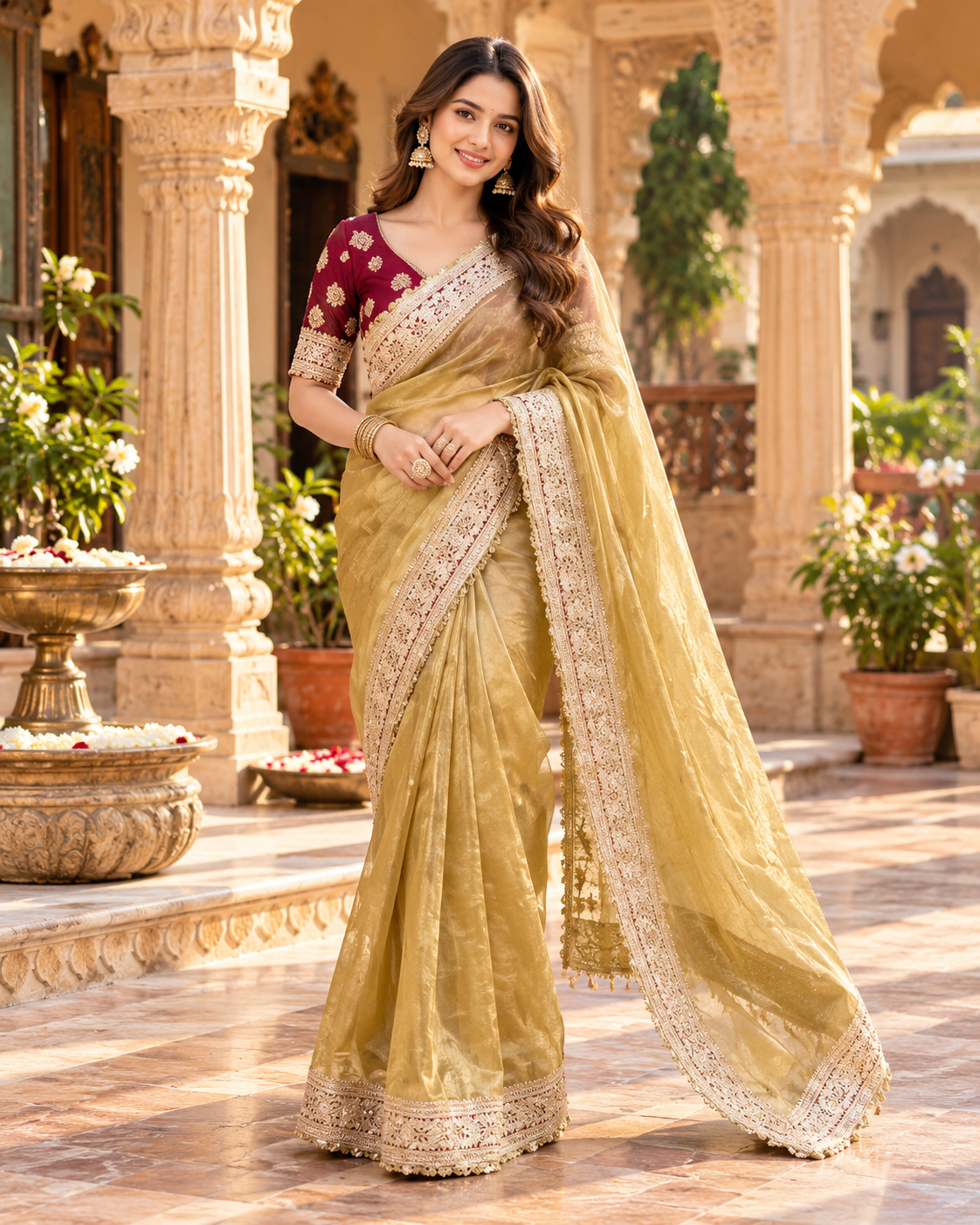 Pure Mocha Silk Sequin Work Saree With Unstitched Blouse(Mustard)