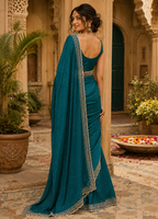 Soft Space Silk Diamond Lace Border Saree With Unstitched Blouse(Green)