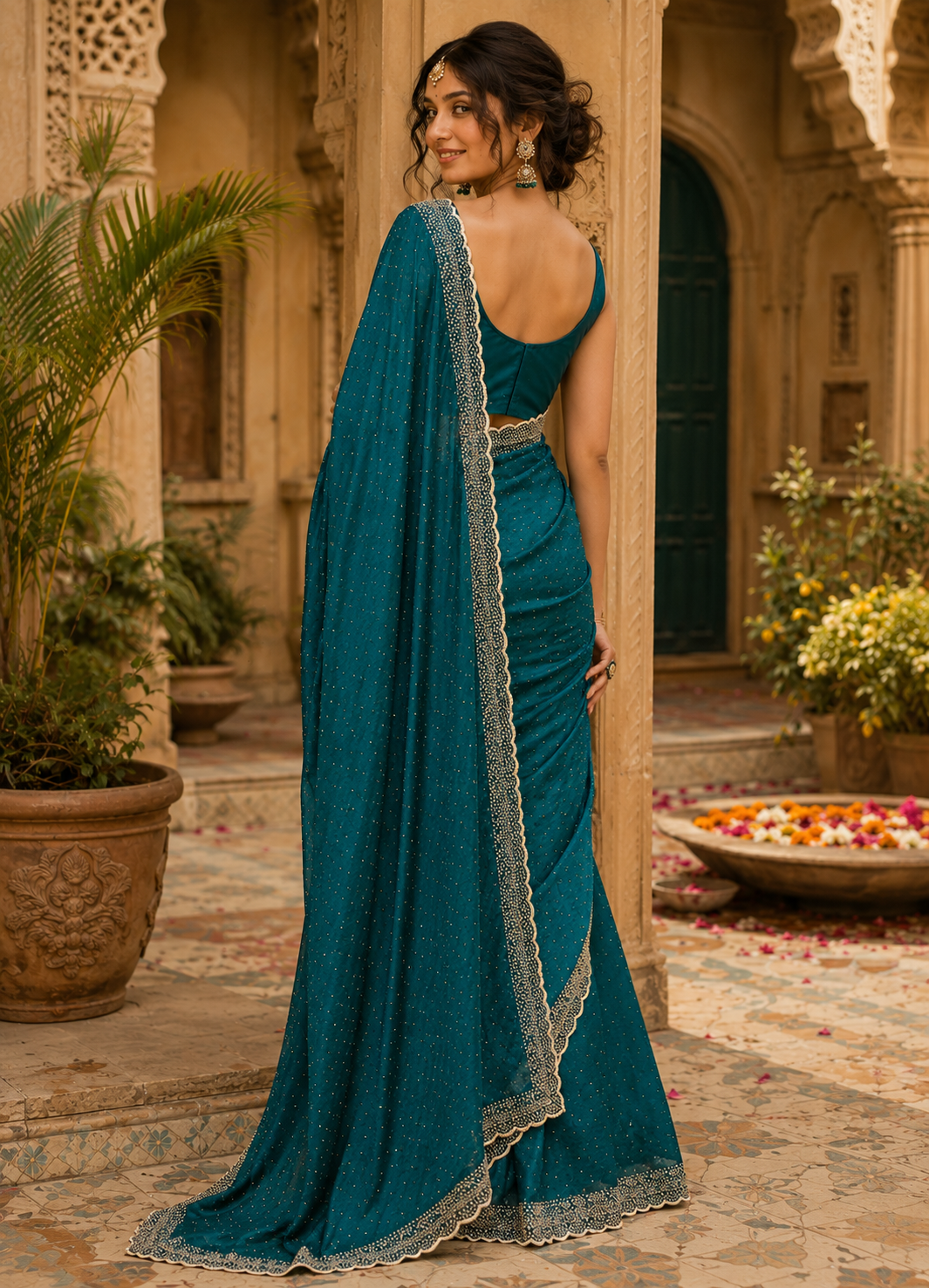 Soft Space Silk Diamond Lace Border Saree With Unstitched Blouse(Green)