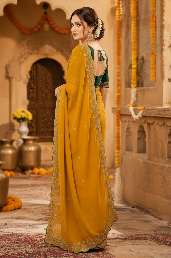 Georgette Border Embroidery Work Designer Saree With Unstitched Blouse(Mustard)