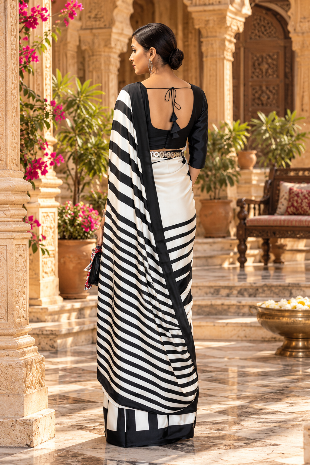 Satin Silk Printed Saree With Unstitched Blouse(Black)