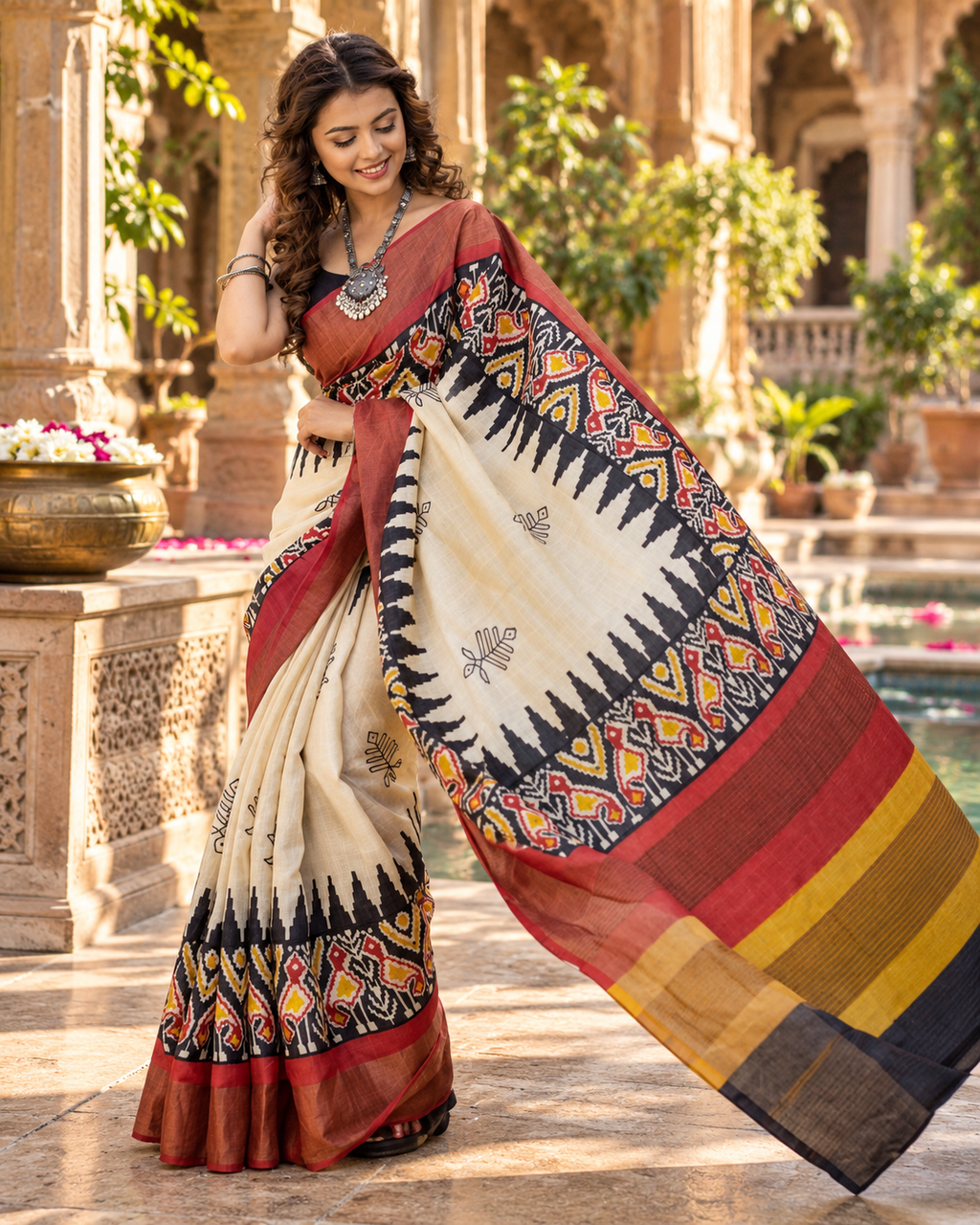 Tussar Silk Kalamkari Print Saree With Unstitched Blouse(White)