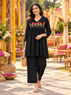Muslin Cotton Kurti Pant Dupatta Set(Black)