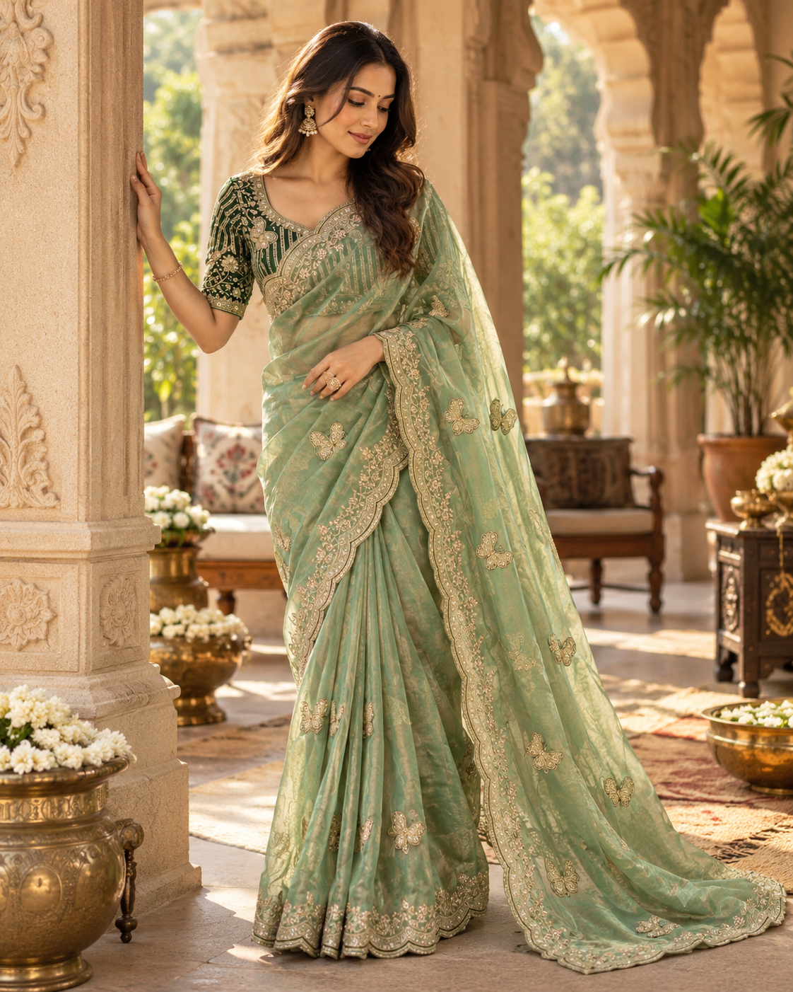 Premium Satin Silk Sequins Zari Work Saree With Blouse(Green)
