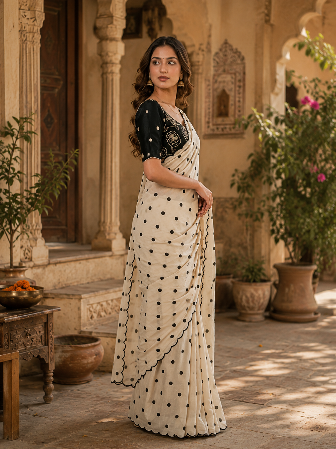 Georgette Embroidery Work Saree with Unstitched Blouse(Beige)