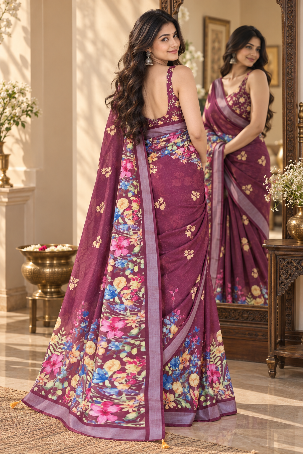 Linen Silver Zari Border Fumka Latakan Saree With Zari Border Unstitched Blouse (Brown)